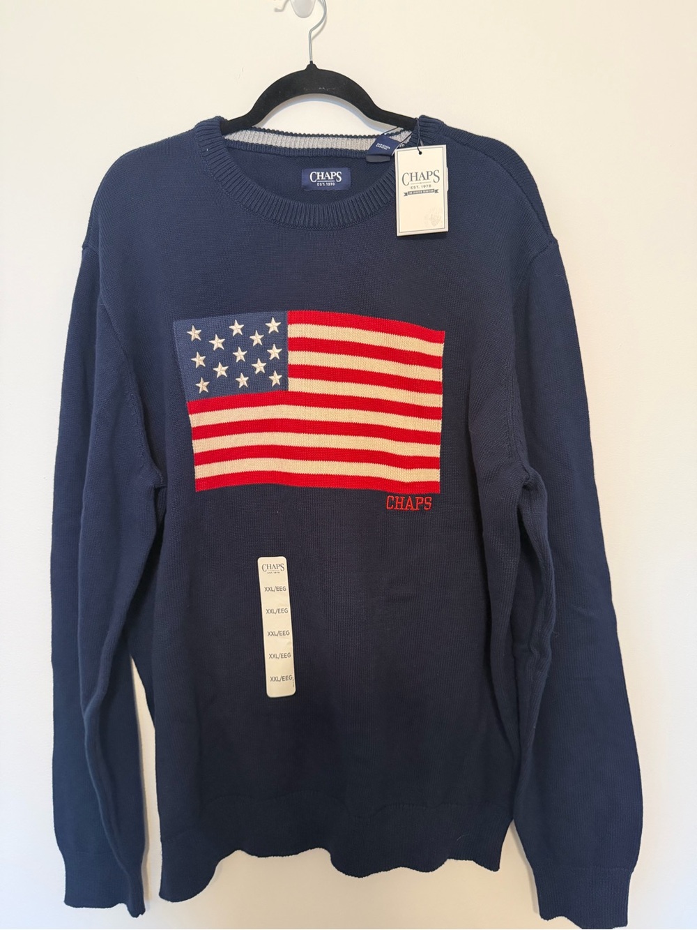 Chaps Navy Crewneck Sweater with Red & Cream Flag Intarsia
